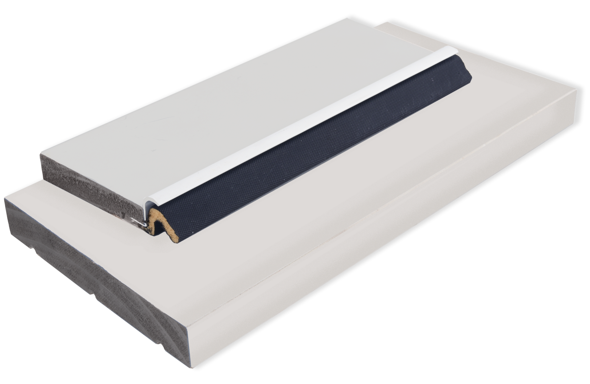 Two rectangular door jambs, one on top of the other. The top one has a black seal.