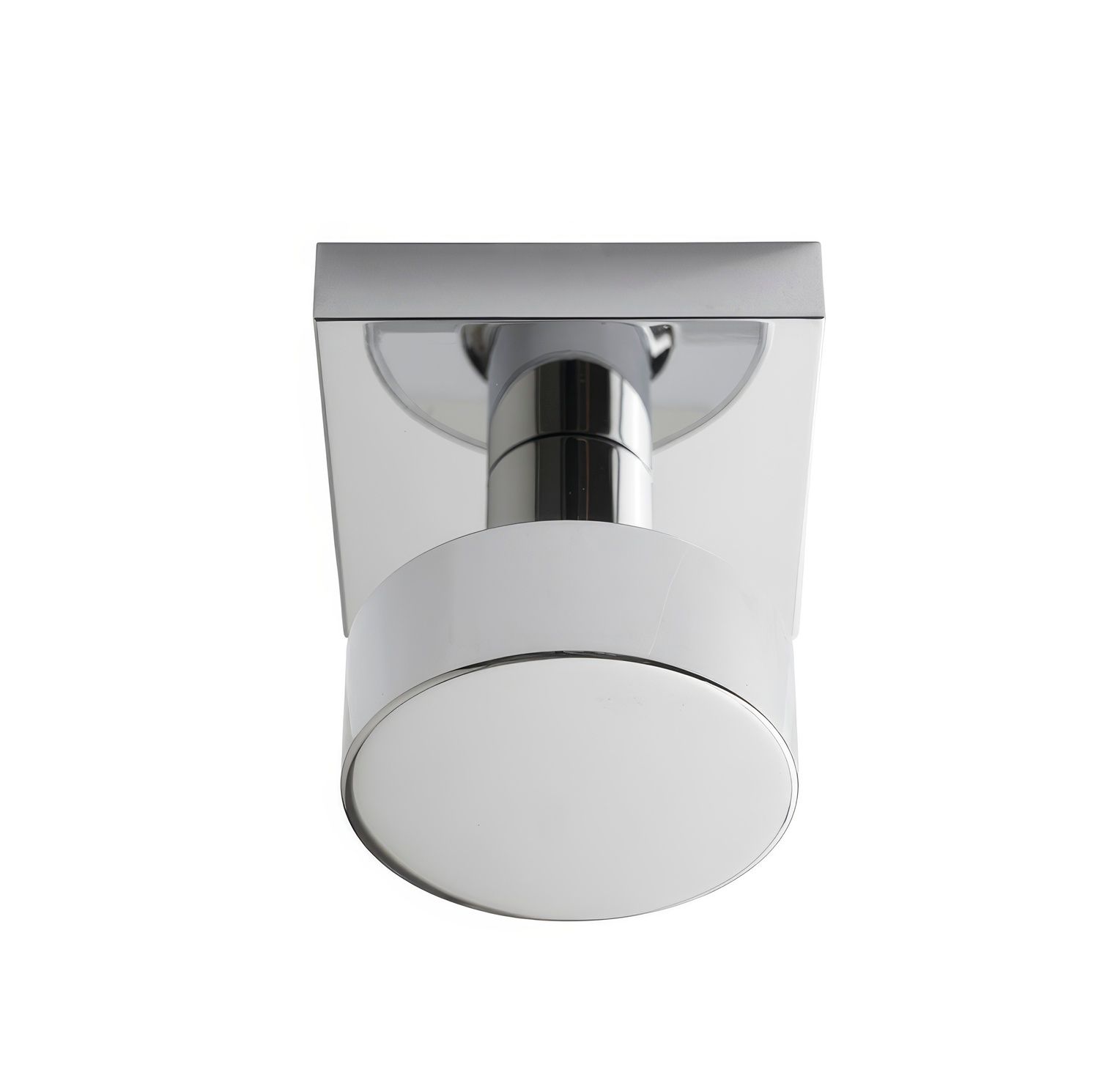 Chrome ceiling light fixture with a circular white light. Chrome ceiling light fixture with a circular white light.