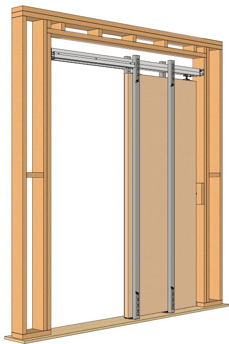Diagram of a double sliding door system within a wooden frame, showing track and door panels.