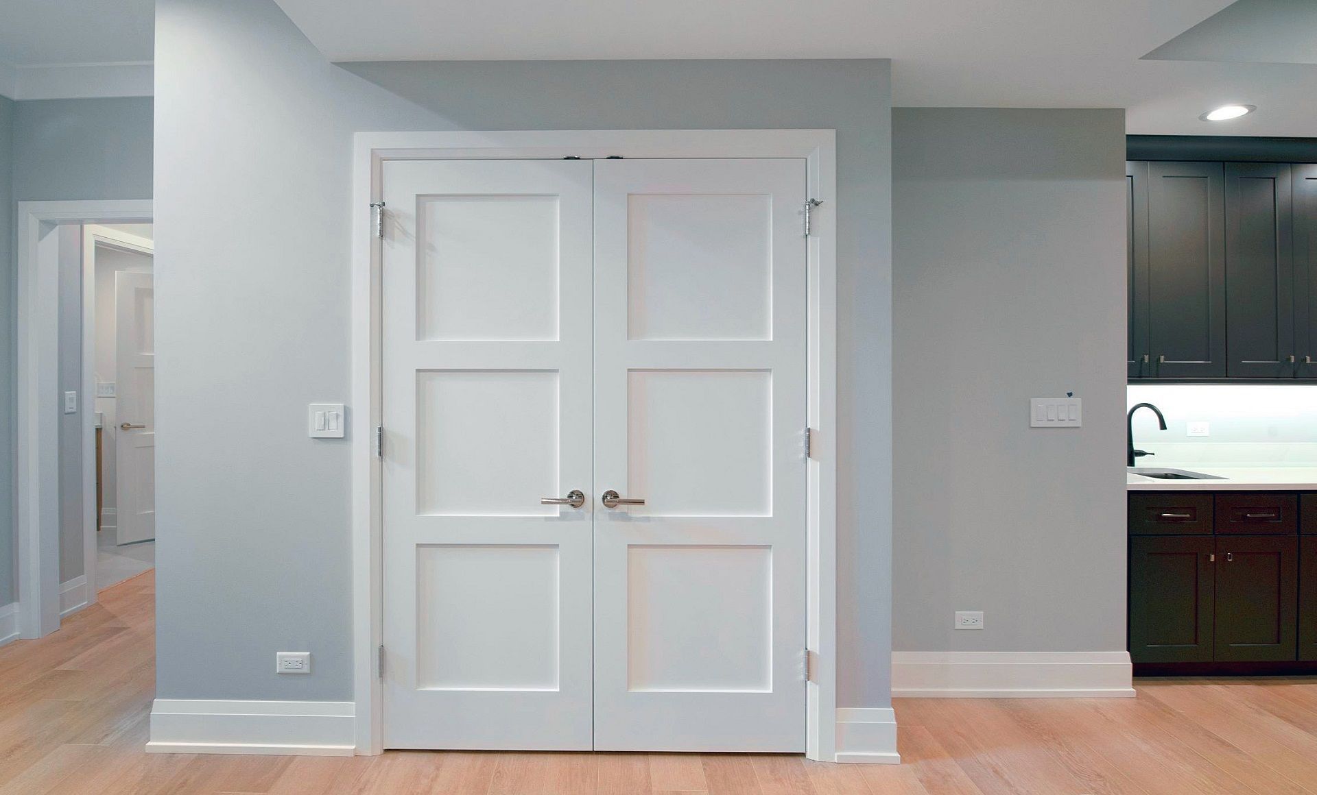 White double doors with silver handles against light gray walls; hardwood floor. White double doors with silver handles against light gray walls; hardwood floor.