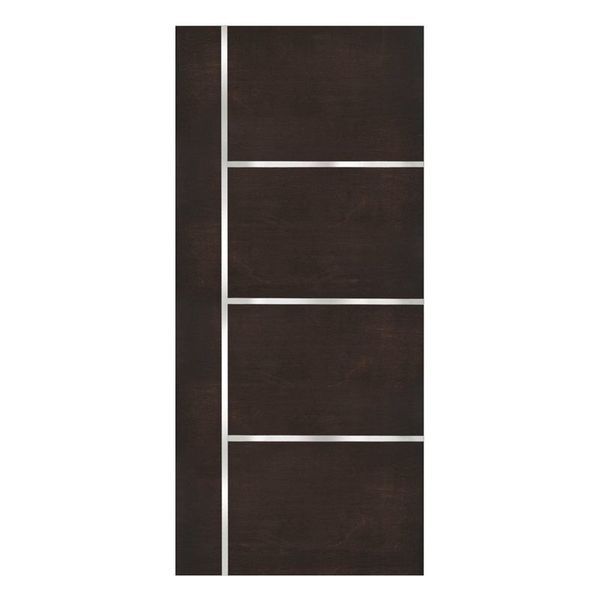 Dark brown door with four horizontal silver stripes and a vertical silver stripe on the left.