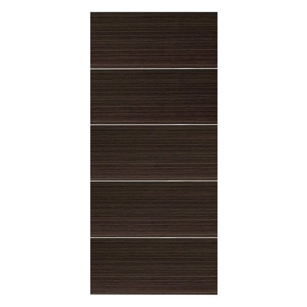 Dark brown interior door with horizontal lines and silver trim.