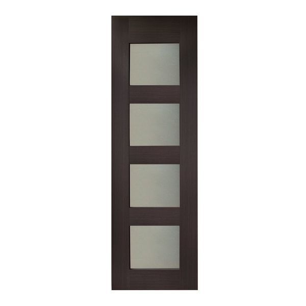 Dark brown interior door with four frosted glass panels.
