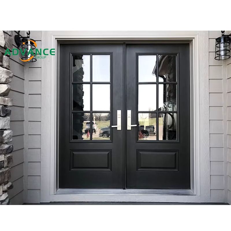 Black double doors with glass panes, silver handles, and white trim on gray siding.