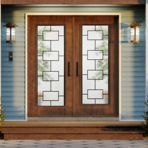 Double wooden front doors with rectangular glass panes, flanked by lanterns, set in a blue house facade.