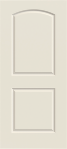 Cream-colored interior door with arched top panel and square bottom panel.