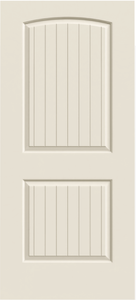 Cream-colored door with two panels. The top panel has an arched top and vertical lines. The bottom panel has vertical lines.
