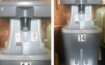 Two views of a grey, plastic industrial-style portable sink station labeled with the number 14.