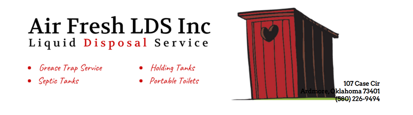 A business logo for Air Fresh LDS Inc. featuring a red outhouse and a list of liquid disposal services.