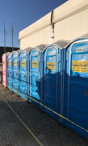 A row of blue portable toilets parked on a gravel lot next to a white building under a clear blue sky.