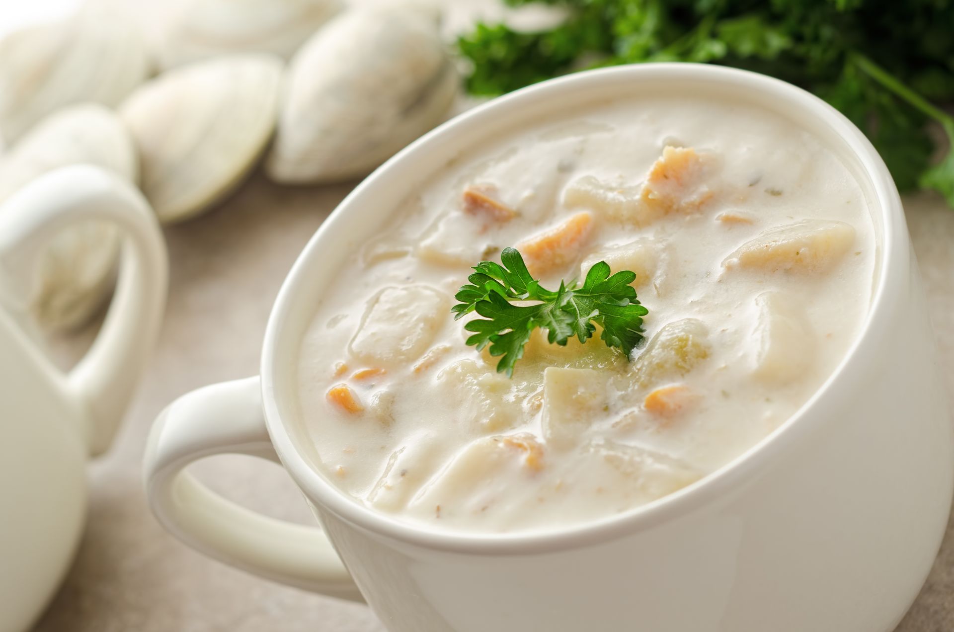 A bowl of clam chowder with parsley on top is on a table.