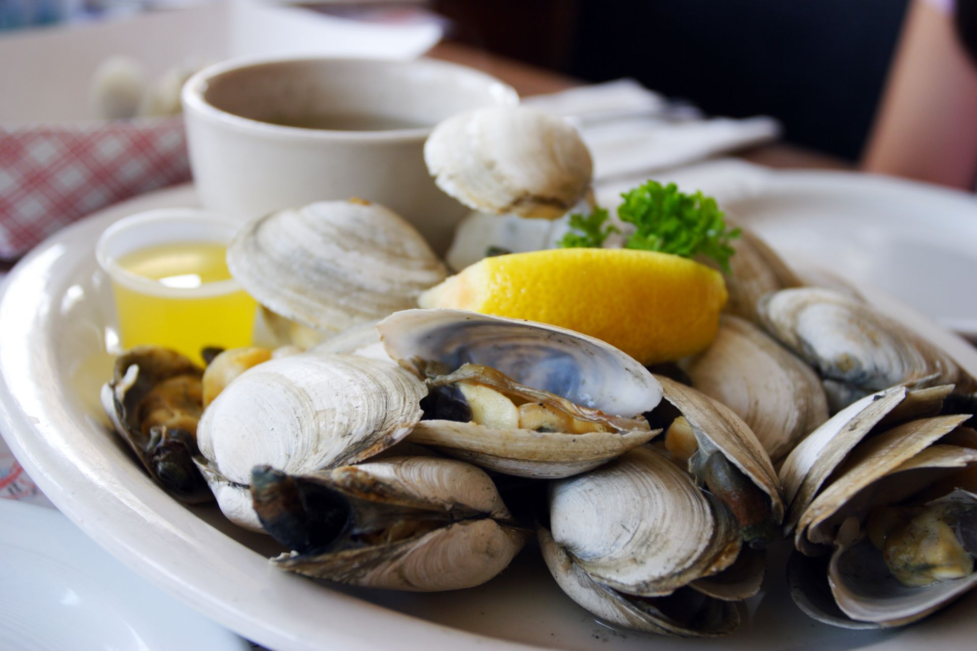 A white plate topped with clams and a lemon slice