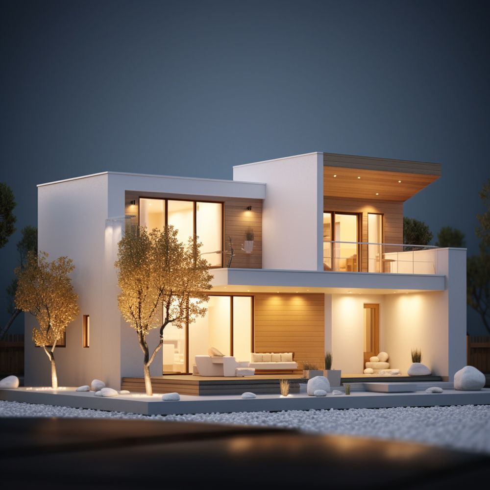 Modern two-story white house with warm-lit windows and patio at dusk