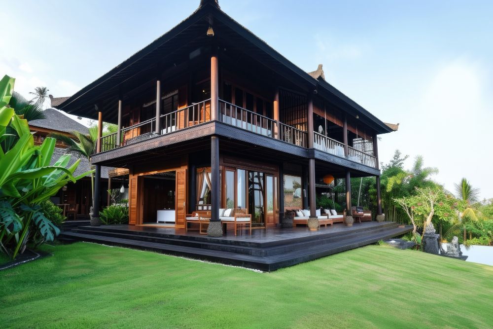 Traditional wooden house with a dark roof on a green lawn in a tropical setting