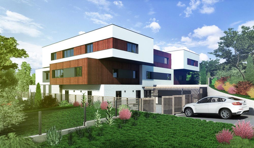 Modern white-and-wood house with a car parked outside, surrounded by greenery and flowers