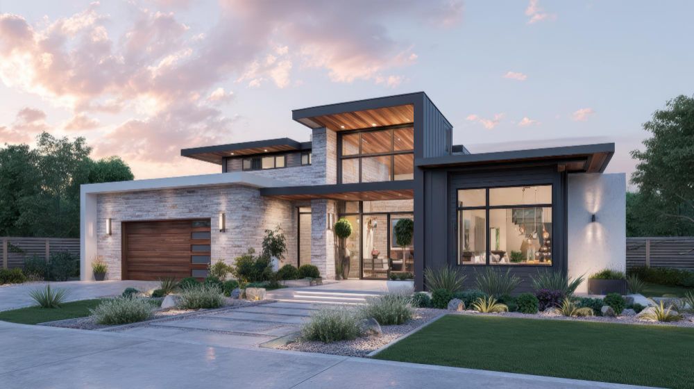 Modern single-story house with wood and stone exterior at dusk, with large windows and a landscaped front yard