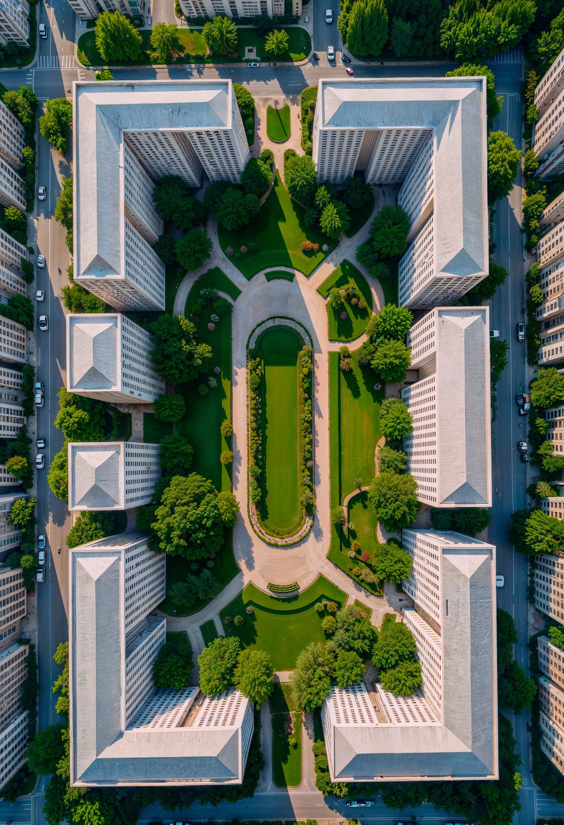 Aerial view of a U-shaped apartment complex around a landscaped courtyard with walkways and greenery