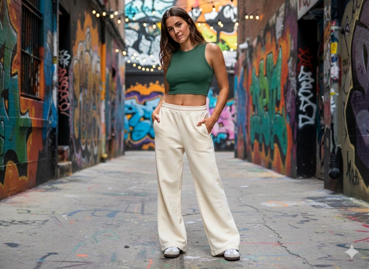 Persona in piedi in un vicolo ricoperto di graffiti colorati, con indosso una maglietta verde e pantaloni color crema.
