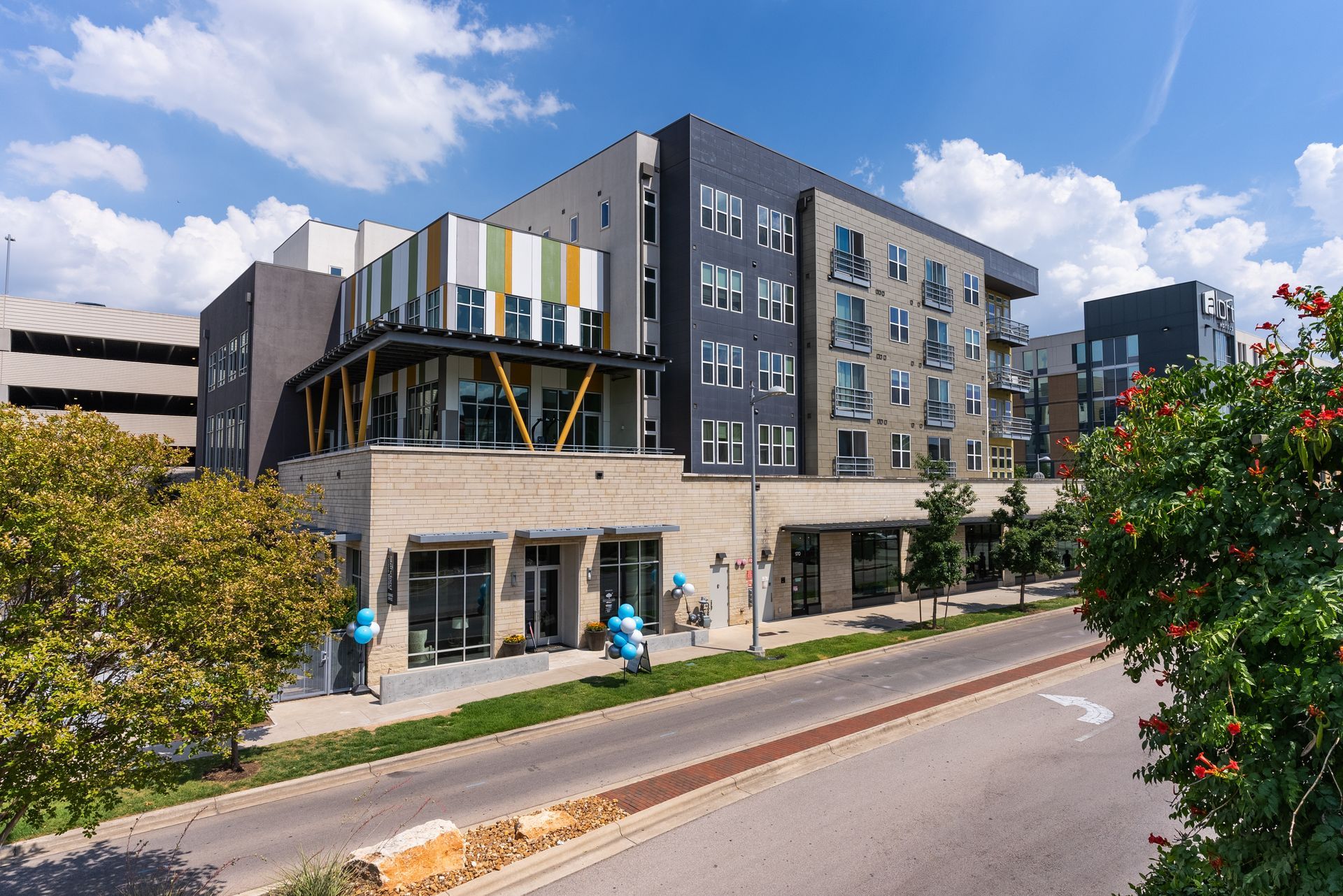 Street view of The Standard at Domain Northside apartment building.