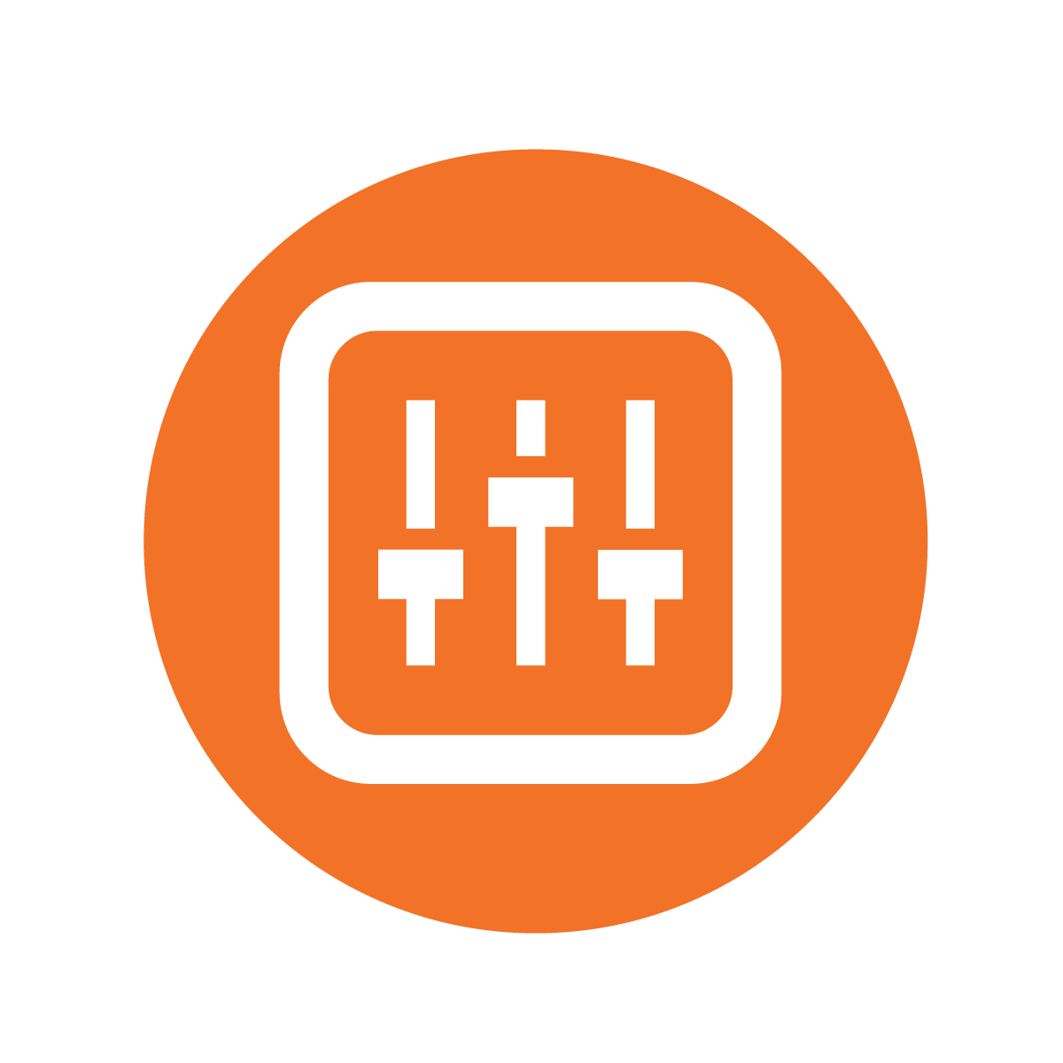 Orange circle with a white square and a graphic of three sliders.