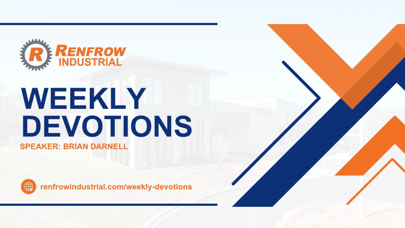 Weekly Devotions banner for Renfrew Industrial with logo, text, and geometric shapes in orange and blue.