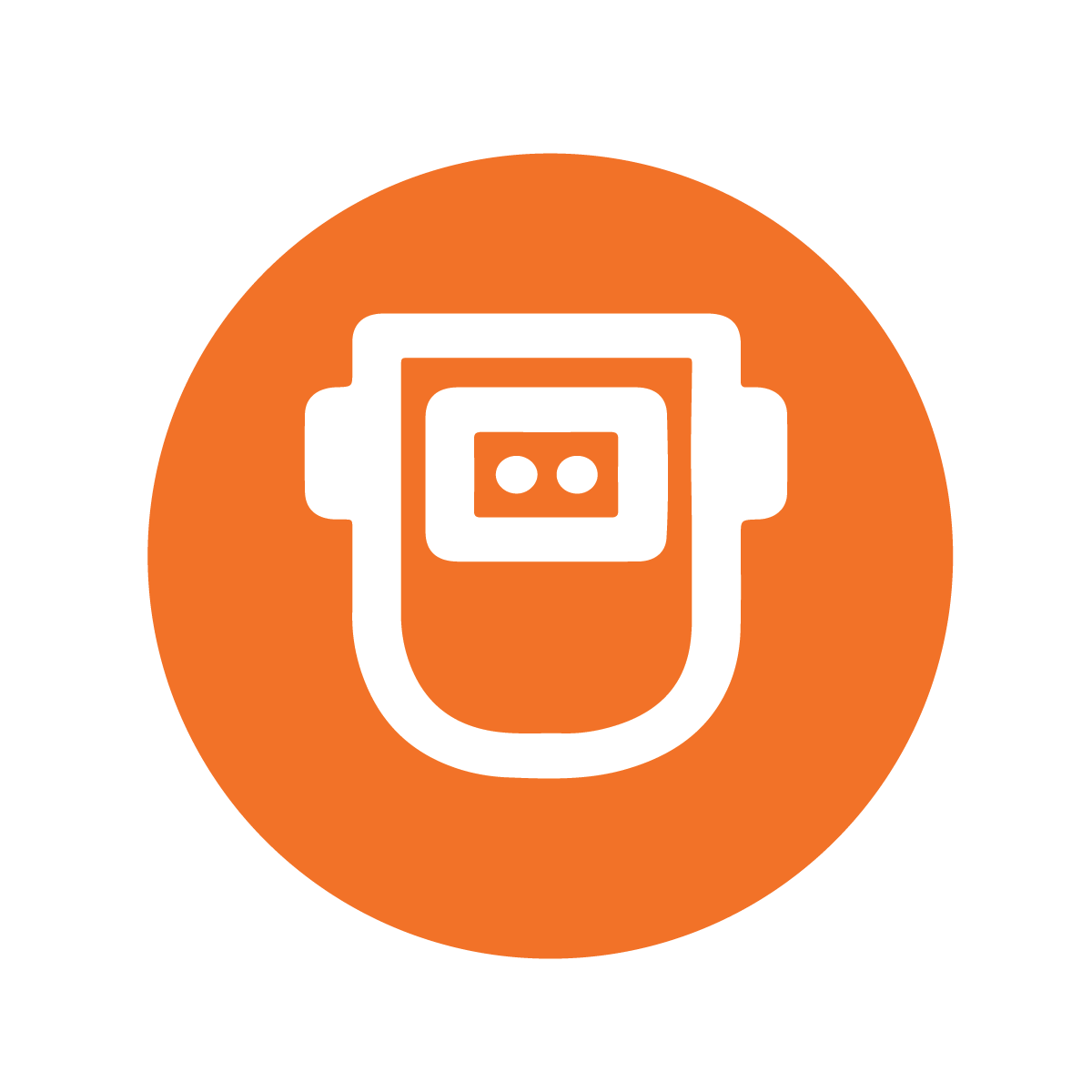 White welding helmet icon on an orange circle.