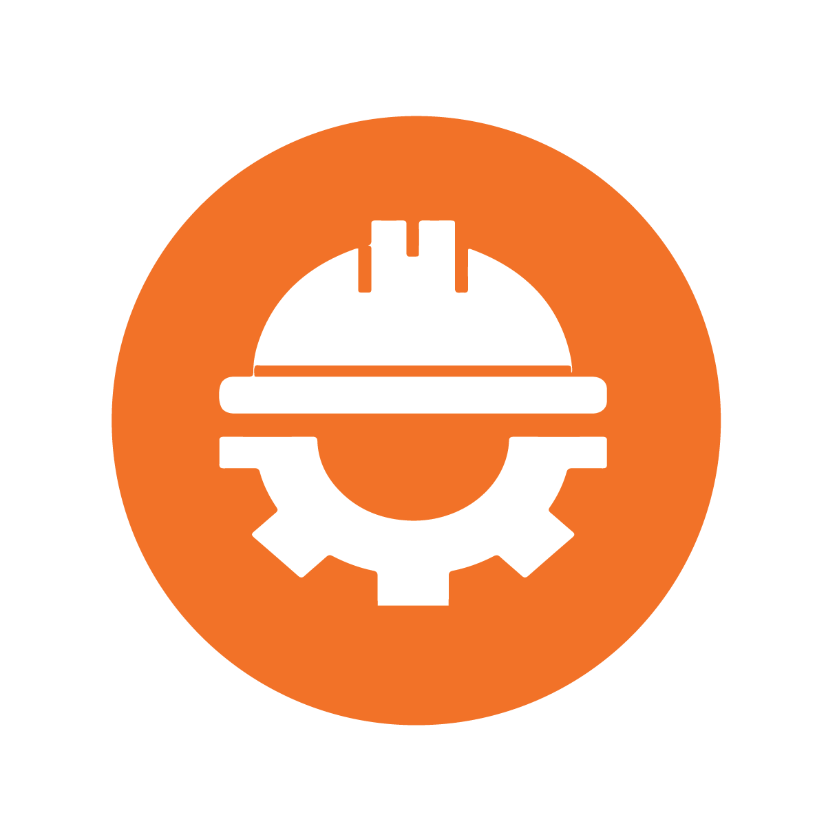White hard hat and gear icon on orange circle.