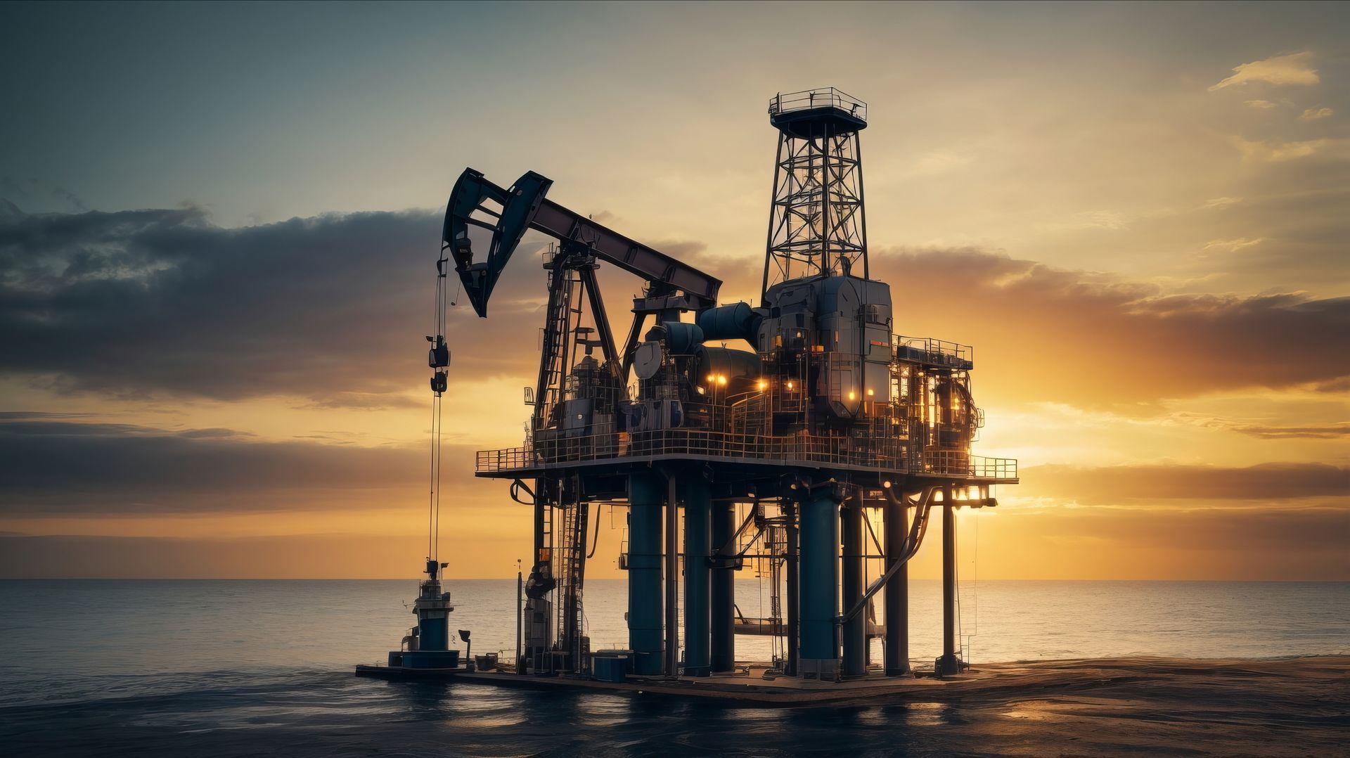 Oil rig in the ocean at sunset with a cloudy sky.