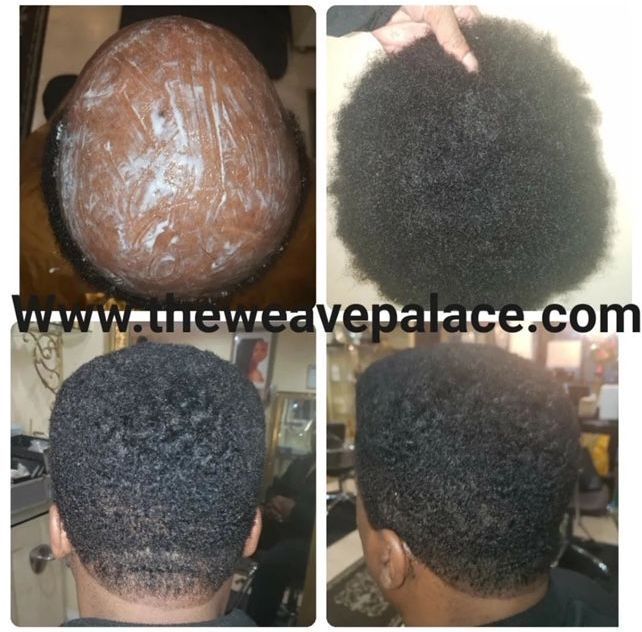 A before and after photo of a man 's hair with the website www.theweavepalace.com at the bottom