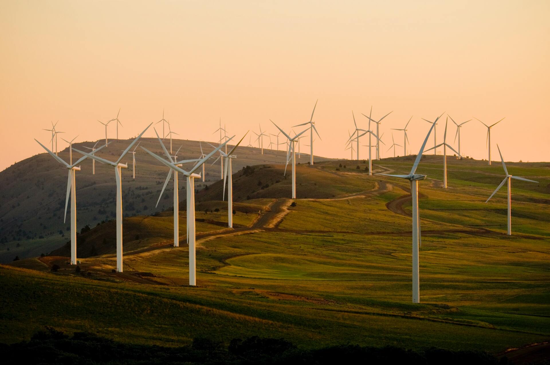 Several large windmills on a hill at sunset