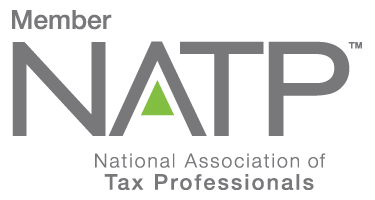 Member of the National Association of Tax Professionals (NATP) logo with grey text and a green triangle.