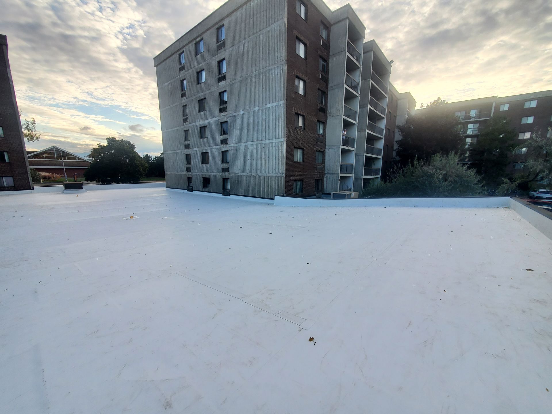 Un grand bâtiment avec un toit blanc devant lui.