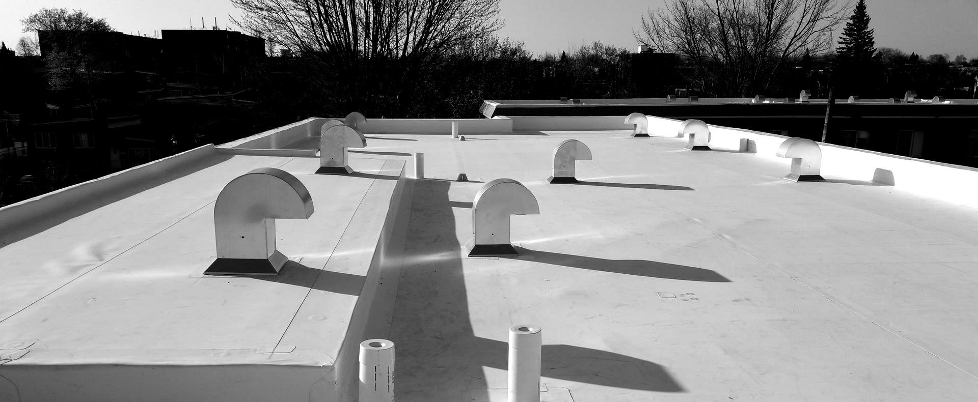 Un toit noir et blanc avec des systèmes de ventilation. Les ombres sont projetées par le soleil.