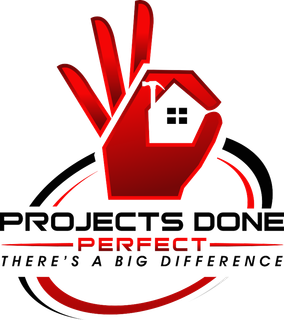 A red hand making an "OK" gesture around a white house icon, above text reading "PROJECTS DONE PERFECT."