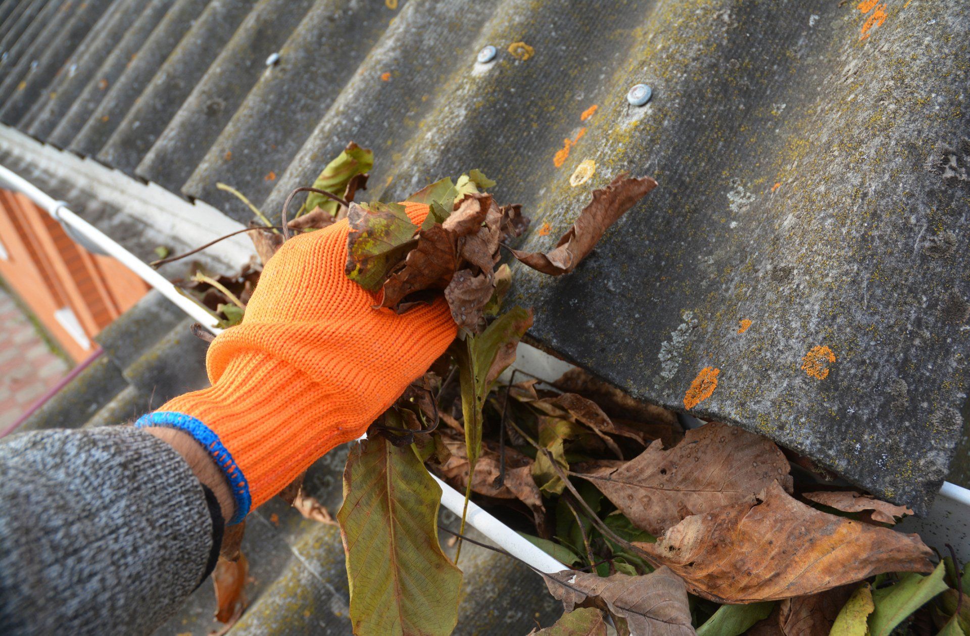 Man Cleaning Leaves out of the gutter