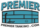 Logo for Premier Tanking Inc. featuring a teal storage tank with black piping and ladder; teal text.