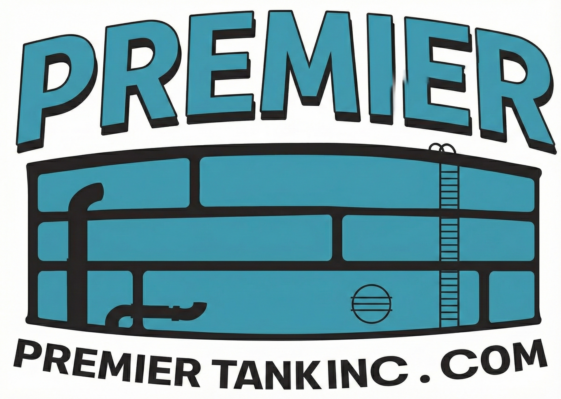 Logo for Premier Tanking Inc. featuring a teal storage tank with black piping and ladder; teal text.