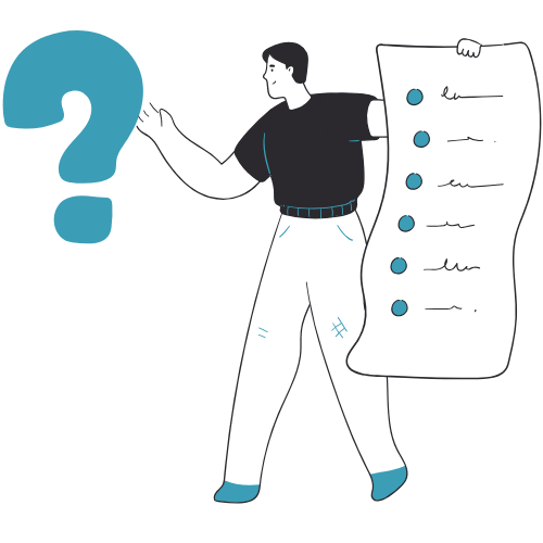 Man with a question mark, holding a list with check boxes.