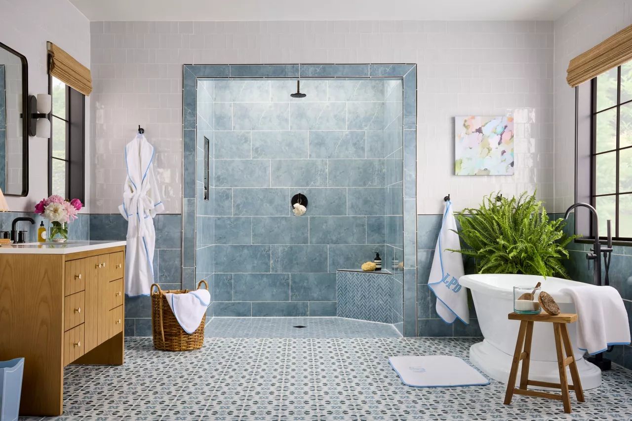custom teal green tiled shower-modern with clean lines