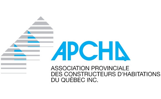 Logo de l'APCHQ, une association de constructeurs de logements du Québec, en bleu et gris.