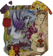 Collage de técnica mixta del rostro de una mujer con flores, hojas y un jarrón sobre un fondo texturizado.