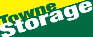 Logo for Towne Storage with white text on a green and yellow background.