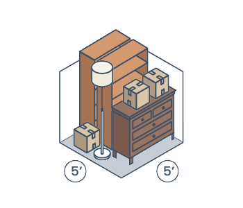 An isometric illustration of a 5' by 5' storage unit filled with a tall wooden shelf, a dresser, a lamp, and three boxes.
