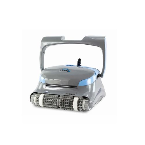 Un robot nettoyeur de piscine gris et bleu sur fond blanc.