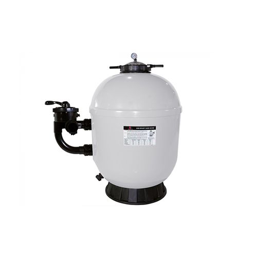 Un filtre de piscine blanc avec une poignée noire sur fond blanc.