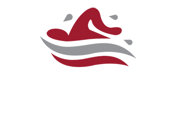Un logo rouge et gris d'une personne nageant dans une piscine.