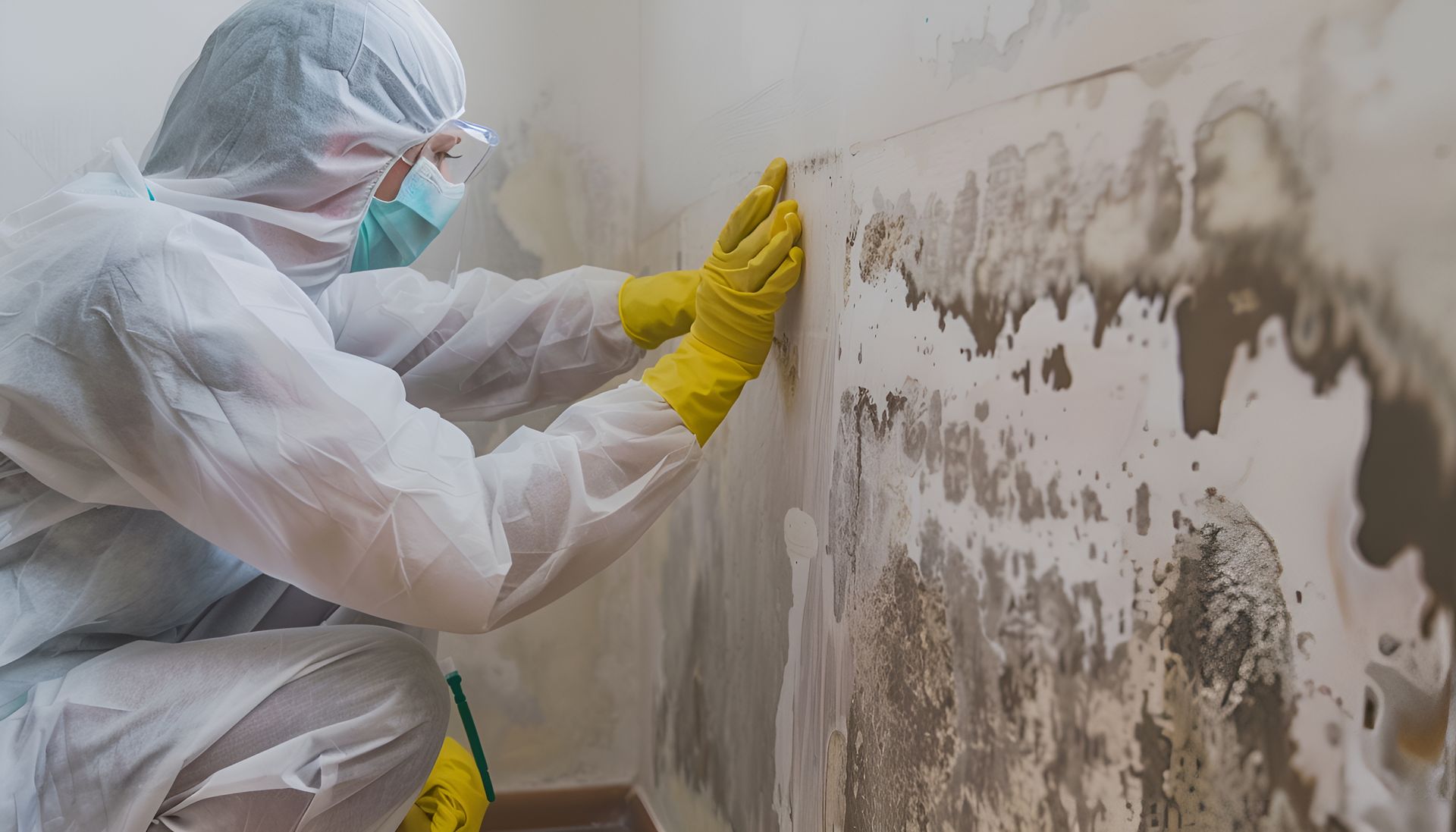 Una persona con un traje de protección está limpiando una pared.