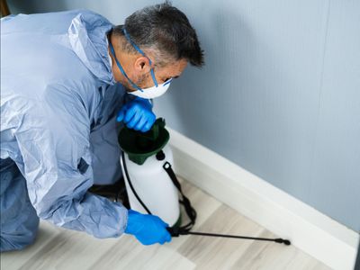 Un hombre con un traje de protección está rociando una habitación con un pulverizador.