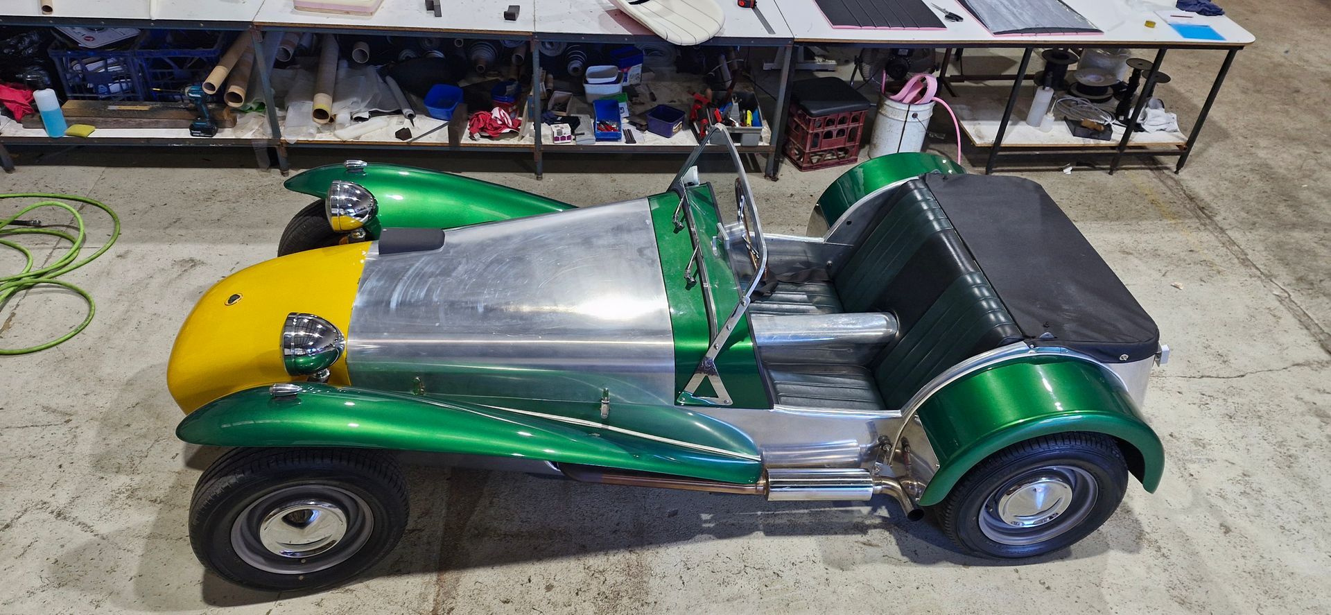 A green and yellow miniature Lotus Seven-style car with an aluminum hood — Tidy Trim Newcastle in Carrington, NSW