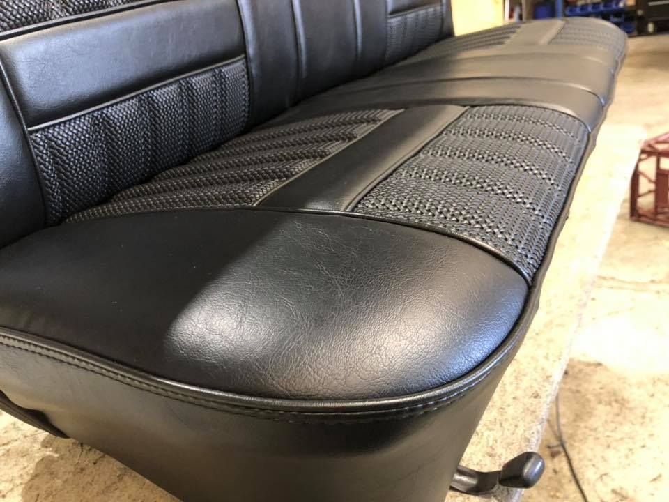 Black Car Bench Seat With Patterned Fabric — Tidy Trim Newcastle in Carrington, NSW
